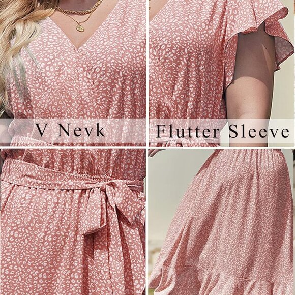 Plus Size Women's Floral Summer Dress Boho Maxi V Neck Short Sleeve - Picture 3 of 7